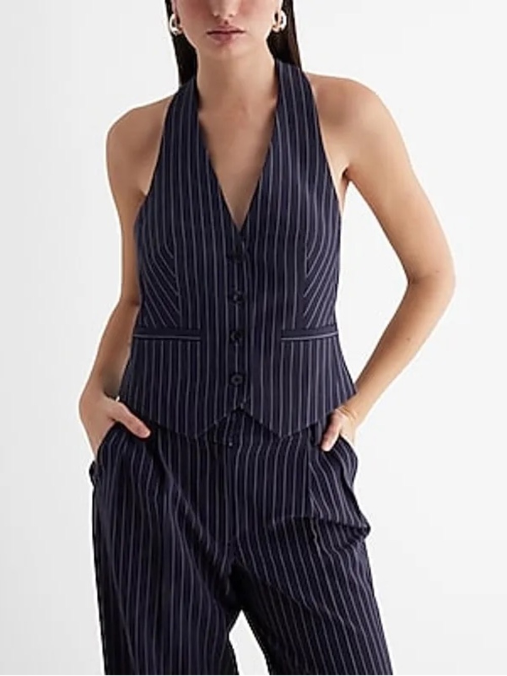 Express Pinstripe Halter Vest - Navy with White Stripes